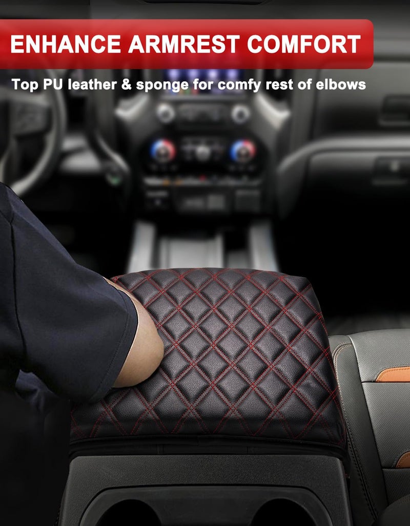 KBH Center Console Armrest Cover for Chevy Silverado & GMC Sierra 2019-2025, Tahoe & Suburban & Yukon 2021-2025 Bucket Seat, Vinyl Leather Trim, Black-Red Double Stitch - Image 4