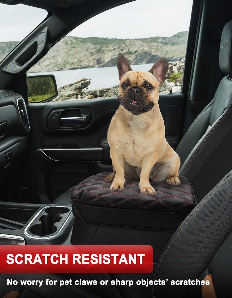 KBH Center Console Armrest Cover for Chevy Silverado & GMC Sierra 2019-2025, Tahoe & Suburban & Yukon 2021-2025 Bucket Seat, Vinyl Leather Trim, Black-Red Double Stitch - Image 3