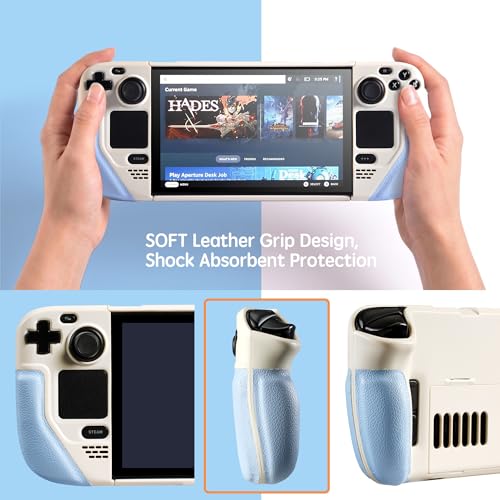 UYIYE Steam Deck OLED Case with Ergonomic Grip & Kickstand, Shockproof Protective Cover Compatible with Steam Deck OLED & LCD (2022/2023), Anti-Slip Slim Fit Shell with Heat Dissipation - Beige/Blue - Image 2