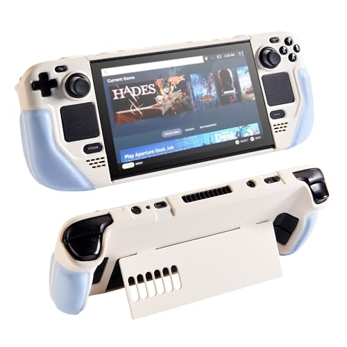 UYIYE Steam Deck OLED Case with Ergonomic Grip & Kickstand, Shockproof Protective Cover Compatible with Steam Deck OLED & LCD (2022/2023), Anti-Slip Slim Fit Shell with Heat Dissipation - Beige/Blue - Image 1