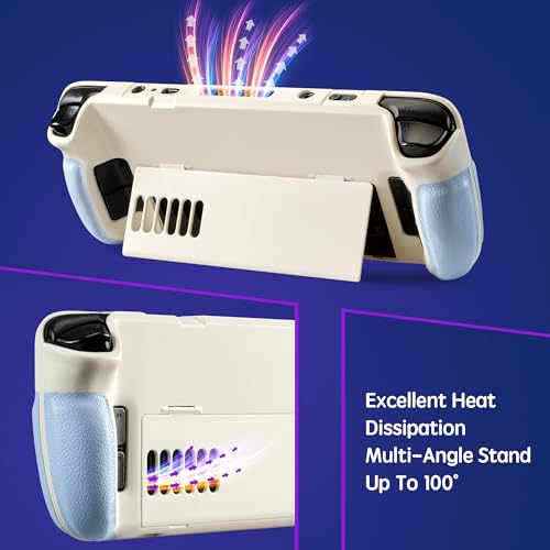 UYIYE Steam Deck OLED Case with Ergonomic Grip & Kickstand, Shockproof Protective Cover Compatible with Steam Deck OLED & LCD (2022/2023), Anti-Slip Slim Fit Shell with Heat Dissipation - Beige/Blue - Image 4