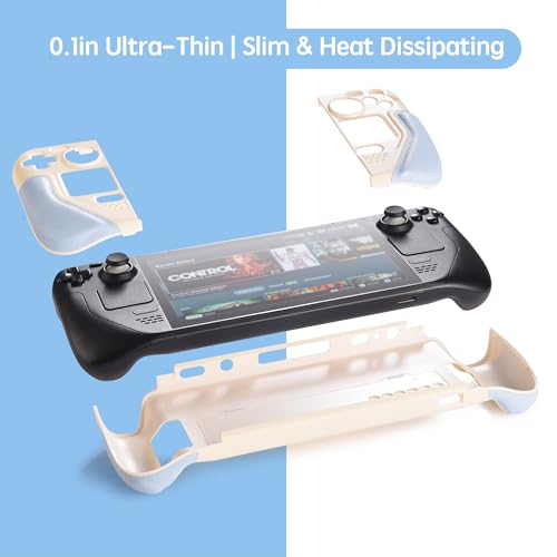 UYIYE Steam Deck OLED Case with Ergonomic Grip & Kickstand, Shockproof Protective Cover Compatible with Steam Deck OLED & LCD (2022/2023), Anti-Slip Slim Fit Shell with Heat Dissipation - Beige/Blue - Image 3