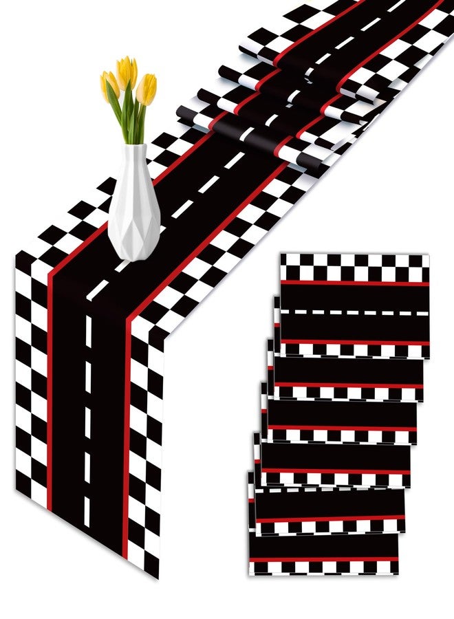 MOZUI 6 Pcs Plastic Racing Car Table Runners - 14" x 108" Black Checkered Flag Design Disposable Table Runner for Black Checkered Flag Theme Birthday Party Supplies, Racing Car Party Decorations, Motorsport - Image 1