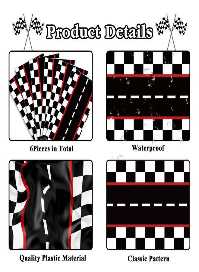 MOZUI 6 Pcs Plastic Racing Car Table Runners - 14" x 108" Black Checkered Flag Design Disposable Table Runner for Black Checkered Flag Theme Birthday Party Supplies, Racing Car Party Decorations, Motorsport - Image 2