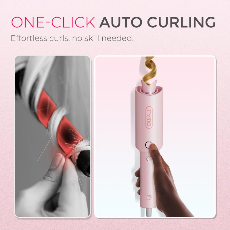 TYMO Automatic Rotating Curling Iron - TYMO CURLPRO Beach Waves Curling Wand, Portable Hair Curler, 500 Million Ionic, Dual Voltage & Lightweight for Travel, Ceramic Coating, 1 Inch, Pink - Image 2