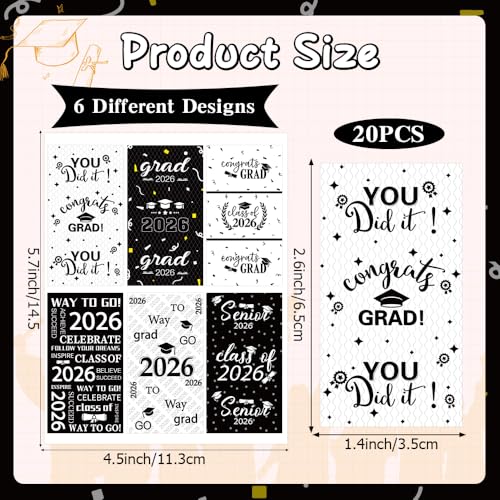 QEYMN Graduation Party Decorations 2026 Graduation Label Stickers 120PCS Congrats Grad Mini Black White Candy Wrapper Class Of 2026 Chocolate Bar Sticker Gifts for Graduations Nursing Party Favors Supplies - Image 5
