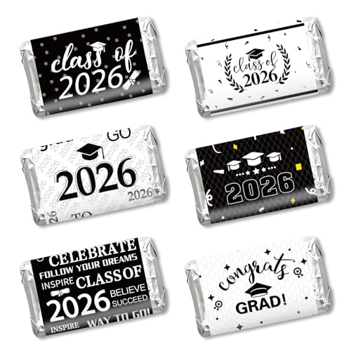 QEYMN Graduation Party Decorations 2026 Graduation Label Stickers 120PCS Congrats Grad Mini Black White Candy Wrapper Class Of 2026 Chocolate Bar Sticker Gifts for Graduations Nursing Party Favors Supplies - Image 1