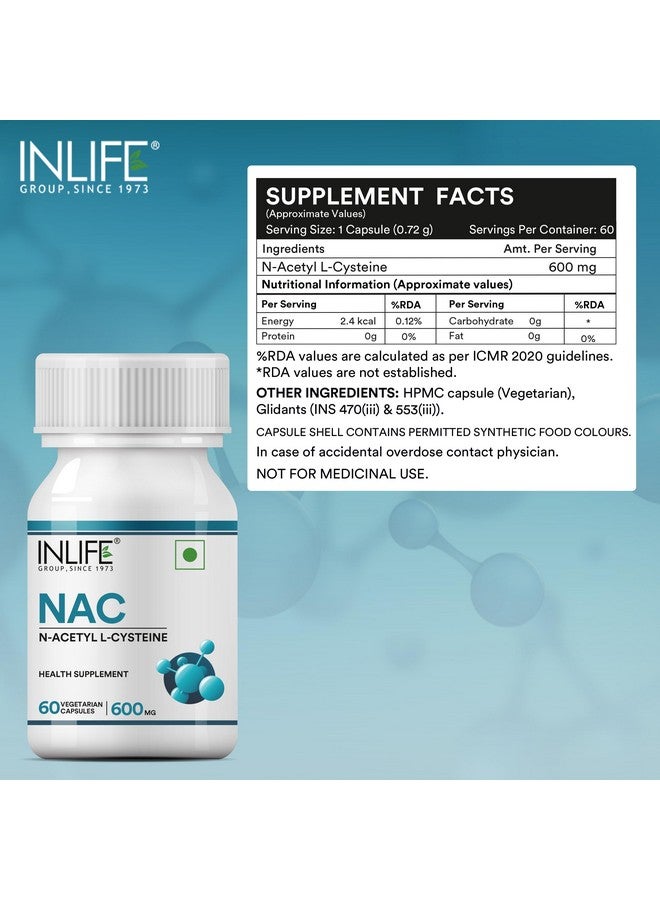 Inlife مكمل INLIFE N أسيتيل سيستين NAC 600 ملغ | مضاد أكسدة، يدعم صحة الكبد والجهاز التنفسي - 60 كبسولة نباتية (عبوة من 1) - Image 2