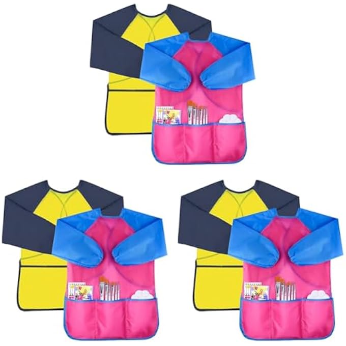 Mumoo Bear 6 Pack Kids Art Smock Toddler Smocks Waterproof Artist Painting Aprons with Long Sleeve and 3 Pockets for Painting,Cooking,Eating,Arts & Crafts Childs Paint Apron for Children Ages 3-8 - Image 1