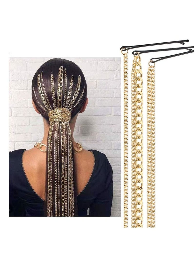 SYOSI مشابك شعر شرابة للسيدات، مشابك شعر ذهبية متعددة الخيوط على شكل رأس بانك، ضفائر ذيل حصان عصرية للحفلات الراقصة، سلسلة وصلات شعر مزخرفة للسيدات والفتيات (3 قطع) - Image 1