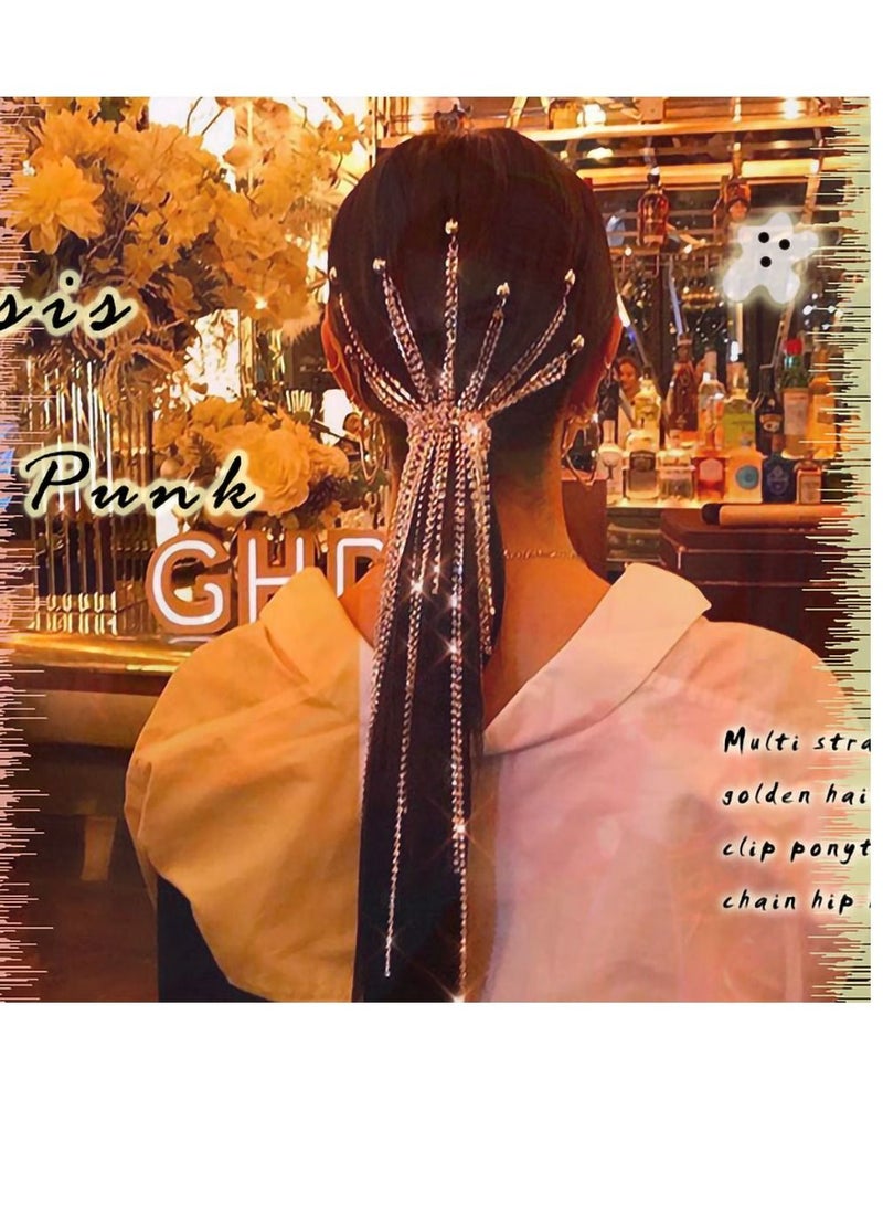 SYOSI مشابك شعر شرابة للسيدات، مشابك شعر ذهبية متعددة الخيوط على شكل رأس بانك، ضفائر ذيل حصان عصرية للحفلات الراقصة، سلسلة وصلات شعر مزخرفة للسيدات والفتيات (3 قطع) - Image 3