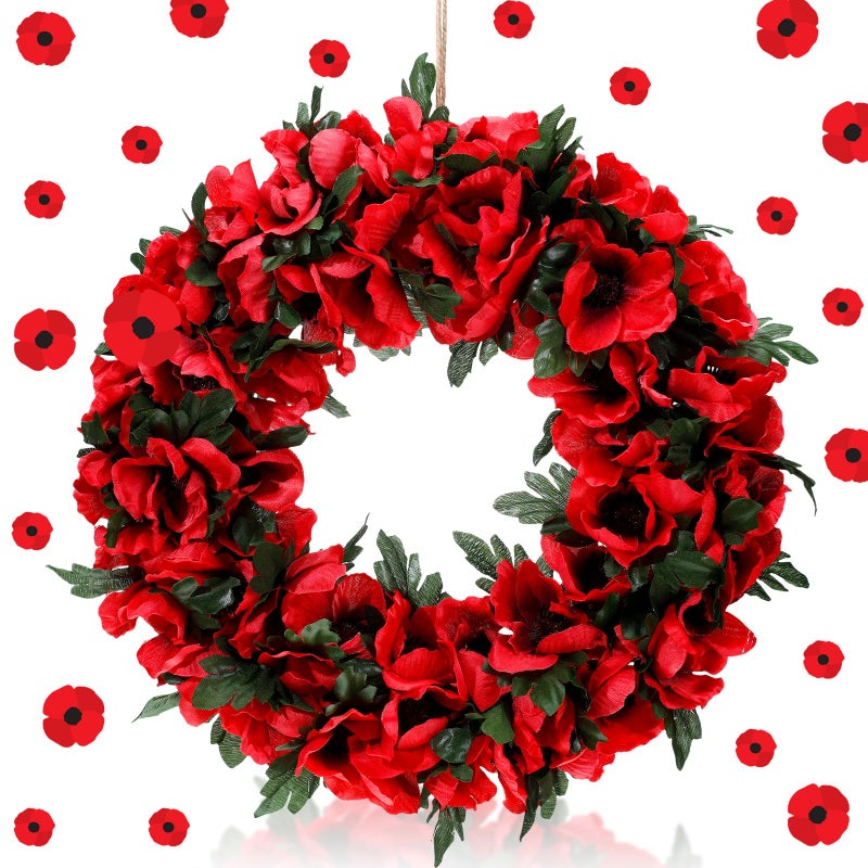 Dingion Veterans Day Red Poppy Wreath 126 Artificial Fall Winter Wreaths with Poppy Flowers Green Leaves Front Door Floral Wreath for Outdoor Indoor Home Farmhouse Memorial and Veterans Day Decor