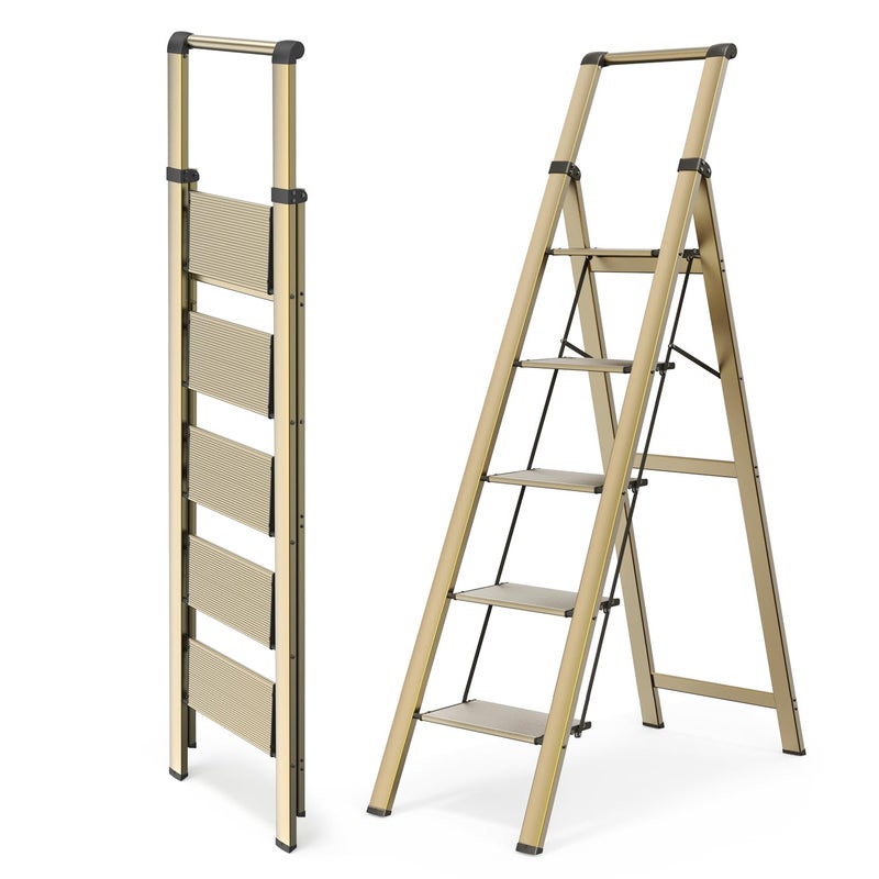 WOA WOA 5 Step Ladder, Ladders for Home, Anti-Slip Pedals, Aluminum Step Stool Foldable, Lightweight to Move, Ease of Storage, Reach 10ft for Closet Kitchen Library, Hold 300lbs - Gold - Image 1