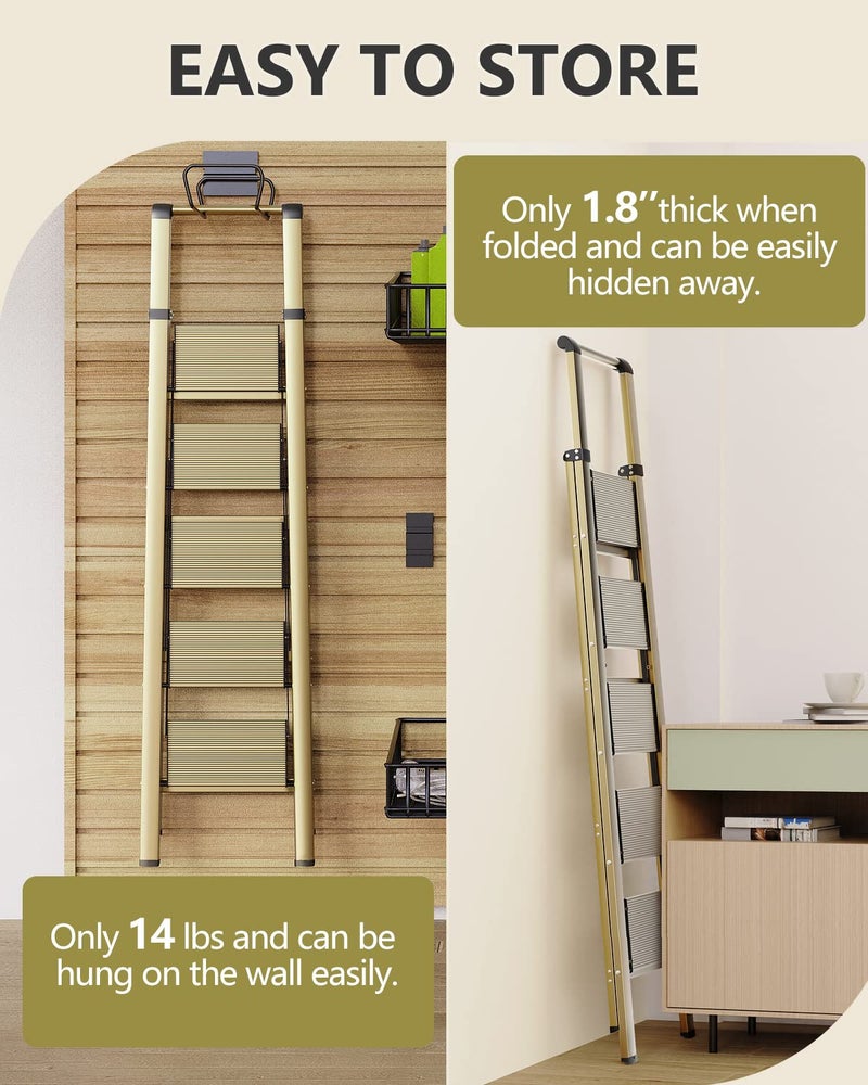 WOA WOA 5 Step Ladder, Ladders for Home, Anti-Slip Pedals, Aluminum Step Stool Foldable, Lightweight to Move, Ease of Storage, Reach 10ft for Closet Kitchen Library, Hold 300lbs - Gold - Image 3