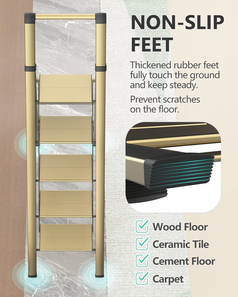 WOA WOA 5 Step Ladder, Ladders for Home, Anti-Slip Pedals, Aluminum Step Stool Foldable, Lightweight to Move, Ease of Storage, Reach 10ft for Closet Kitchen Library, Hold 300lbs - Gold - Image 5