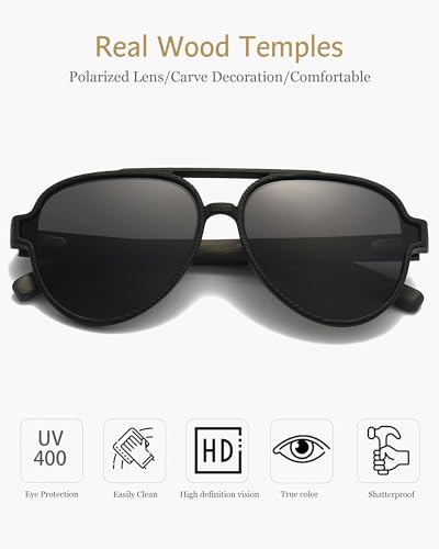 ANRRI Wood Sunglasses UV Protection Polarized Lenes Classic Aviator Wooden Black Frame for Men - Image 2