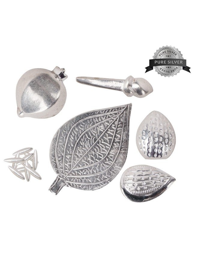 DHRUVS COLLECTION DHRUVS COLLECTION 925 Pure Silver Combo of 1 Paan ka Patta, 1 Anaar, 1 Badaam, 1 Supari, 1 Clove, and 11 Rice/Chawal ke Daane for Home Decor, Pooja, Gift Purpose & Donation  - Image 1