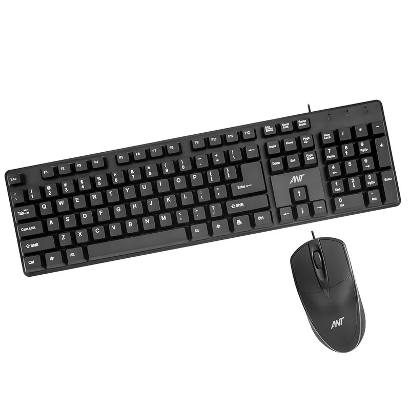 Ant -Wired Full-Size Keyboard and Mouse Combo - Computer Accessories for Laptops and PCs, Ergonomic Design, Silent Keys, USB Connection, Compact Mouse, QWERTY Keyboard – Black, 02 - Image 1