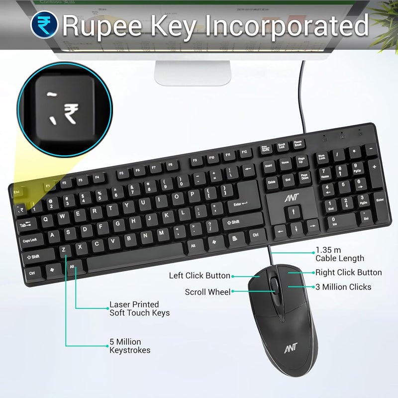 Ant -Wired Full-Size Keyboard and Mouse Combo - Computer Accessories for Laptops and PCs, Ergonomic Design, Silent Keys, USB Connection, Compact Mouse, QWERTY Keyboard – Black, 02 - Image 2