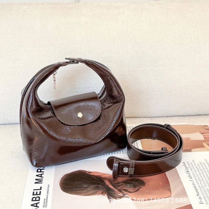 Top Layer Cowhide Lunch Box Bag Hand Carrying Small Bag Womens High-Level Niche Design Cloud Bag All-Match Crossbody Bag Dumpling Bag Brown with long shoulder strap, first layer cowhide, ready stock