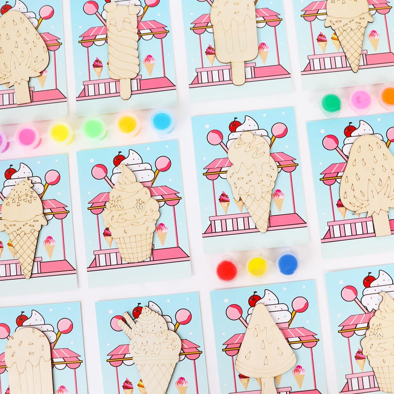 LARDUX 24pcs Ice Cream Party Favors Wood Painting Crafts - 8 Styles Ice Cream Shape Unfinished Woodchips Cutouts Craft Kits with Glow in The Dark Paint DIY Party Favors Birthday Party Decorations - Image 4