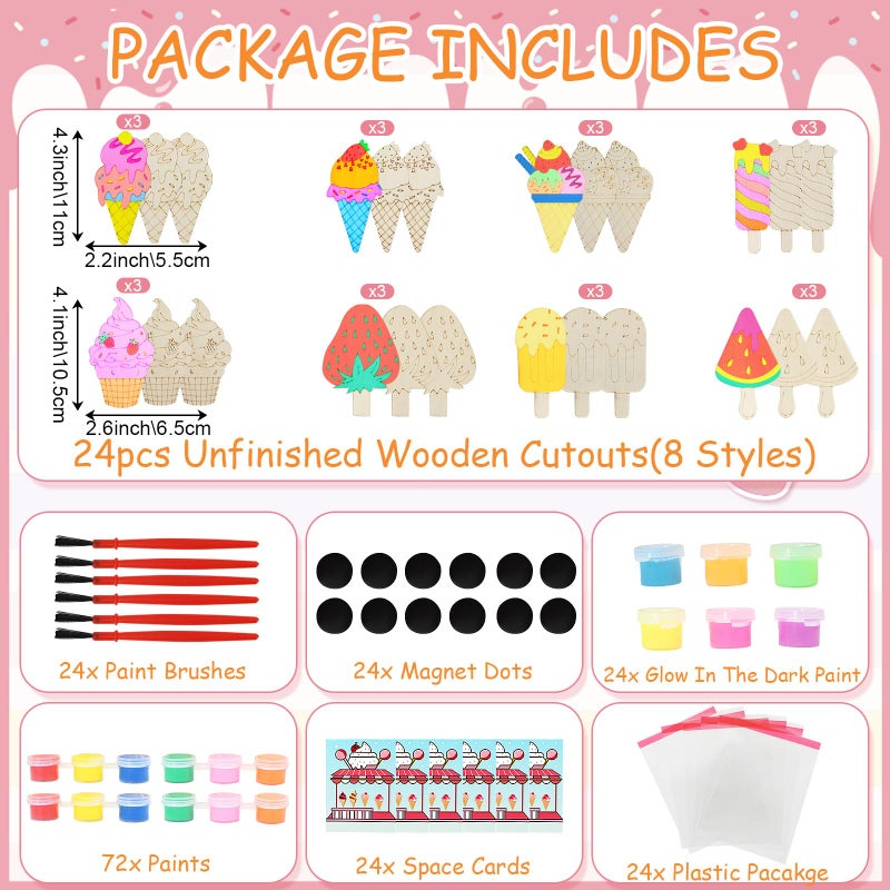 LARDUX 24pcs Ice Cream Party Favors Wood Painting Crafts - 8 Styles Ice Cream Shape Unfinished Woodchips Cutouts Craft Kits with Glow in The Dark Paint DIY Party Favors Birthday Party Decorations - Image 2