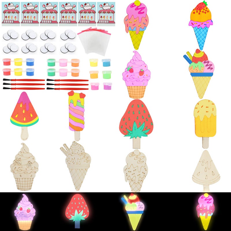 LARDUX 24pcs Ice Cream Party Favors Wood Painting Crafts - 8 Styles Ice Cream Shape Unfinished Woodchips Cutouts Craft Kits with Glow in The Dark Paint DIY Party Favors Birthday Party Decorations - Image 5