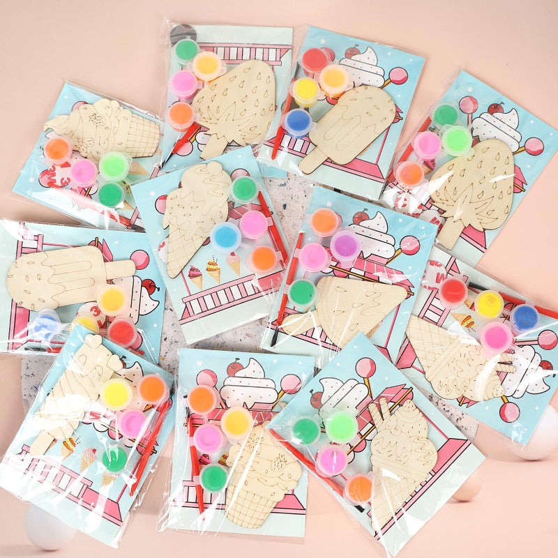LARDUX 24pcs Ice Cream Party Favors Wood Painting Crafts - 8 Styles Ice Cream Shape Unfinished Woodchips Cutouts Craft Kits with Glow in The Dark Paint DIY Party Favors Birthday Party Decorations - Image 1