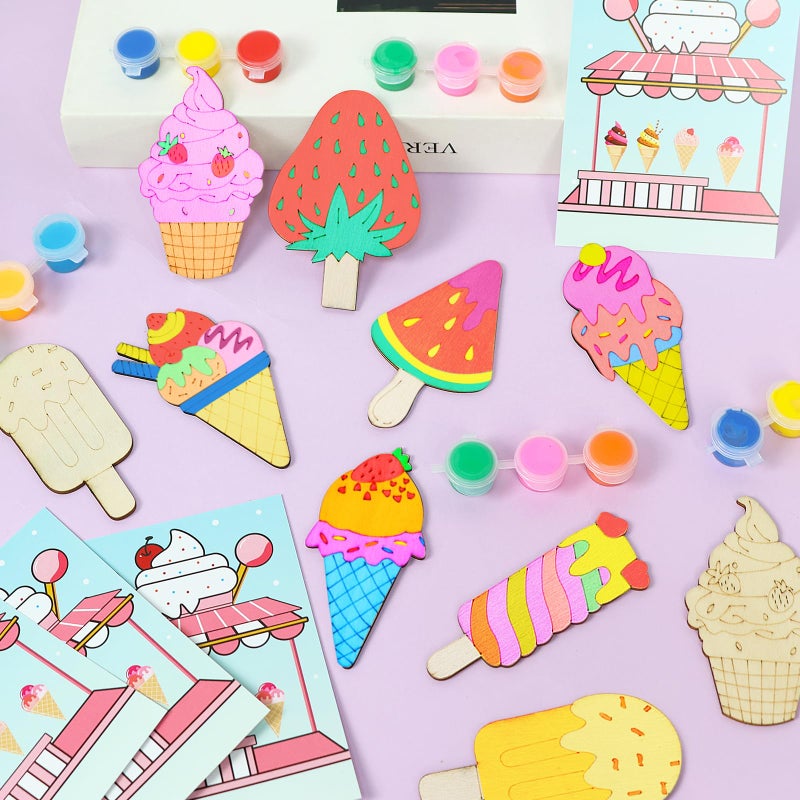 LARDUX 24pcs Ice Cream Party Favors Wood Painting Crafts - 8 Styles Ice Cream Shape Unfinished Woodchips Cutouts Craft Kits with Glow in The Dark Paint DIY Party Favors Birthday Party Decorations - Image 3