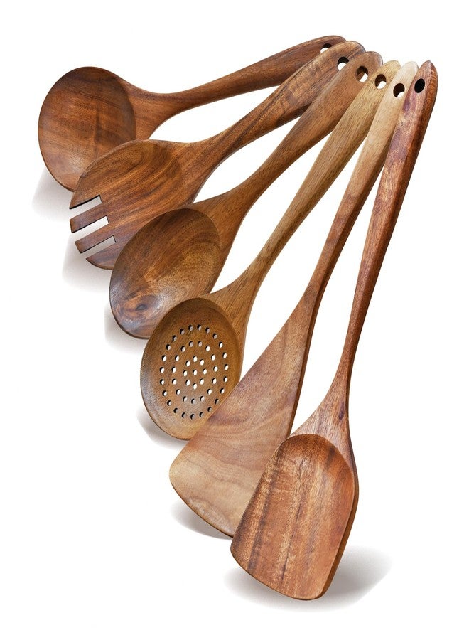 Zalaxt Wooden Spoon Set-6 Piece Wooden Cutlery-Daily Wooden Cutlery Cooking Spoon-Natural Teak Kitchen Set-Teak Cooking Utensils with Smooth Non-Stick Surface-For use in the kitchen when cooking - Image 1