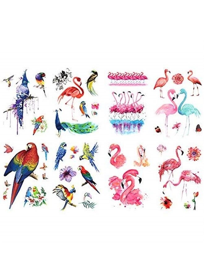 Oottati 8 Sheets Temporary Tattoo Stickers, Waterproof Arm Leg, Parrot Bird Peacock Macaw Pink Flamingo Butterfly Flower for Women 