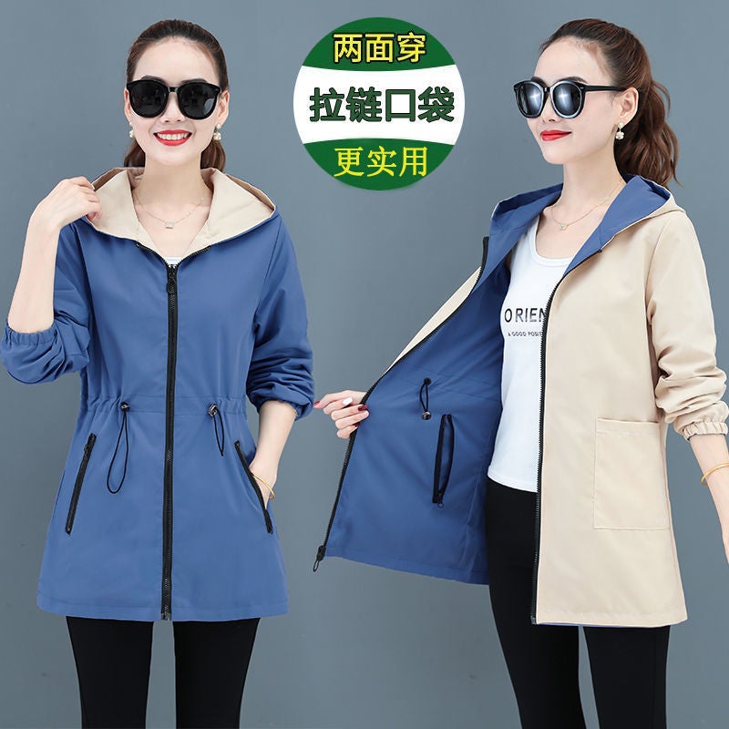 Double-Sided Wearable Medium-Length Womens Jacket 2024 New Style Korean Casual Versatile Spring Autumn Loose-Fit Plus Size Top Blue front + khaki reverse side 