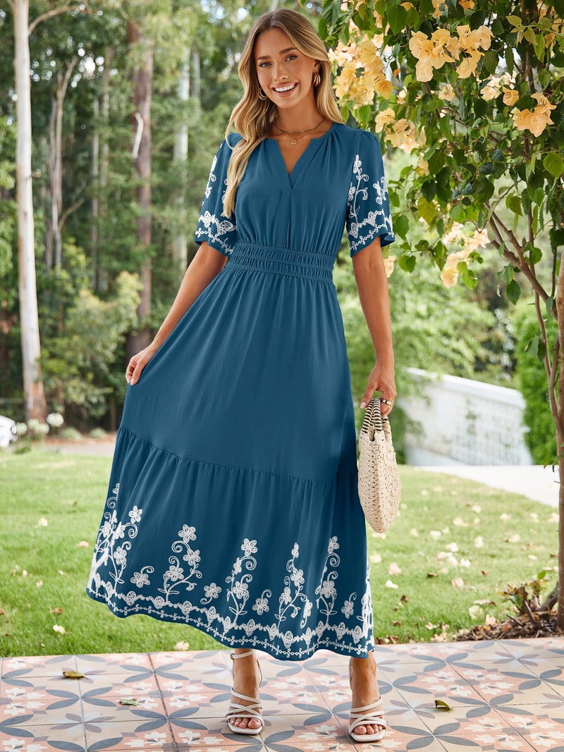 Simplee Women Summer Maxi Dress Formal Short Sleeve Embroidery Floral Boho Wedding Guest Tea Party V Neck Dresses 2026(Large,Lake Blue) - Image 2