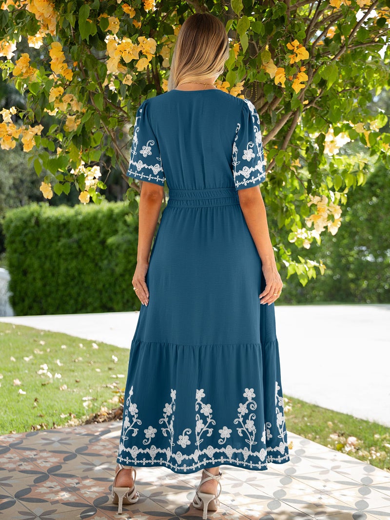 Simplee Women Summer Maxi Dress Formal Short Sleeve Embroidery Floral Boho Wedding Guest Tea Party V Neck Dresses 2026(Large,Lake Blue) - Image 4