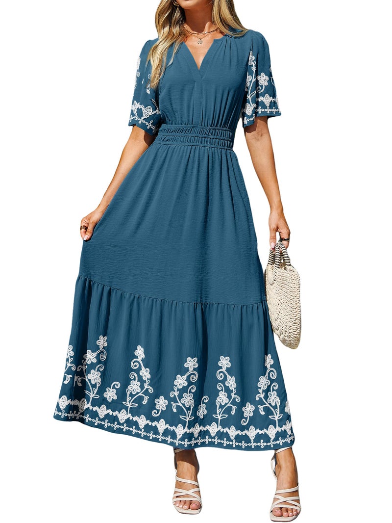 Simplee Women Summer Maxi Dress Formal Short Sleeve Embroidery Floral Boho Wedding Guest Tea Party V Neck Dresses 2026(Large,Lake Blue) - Image 1