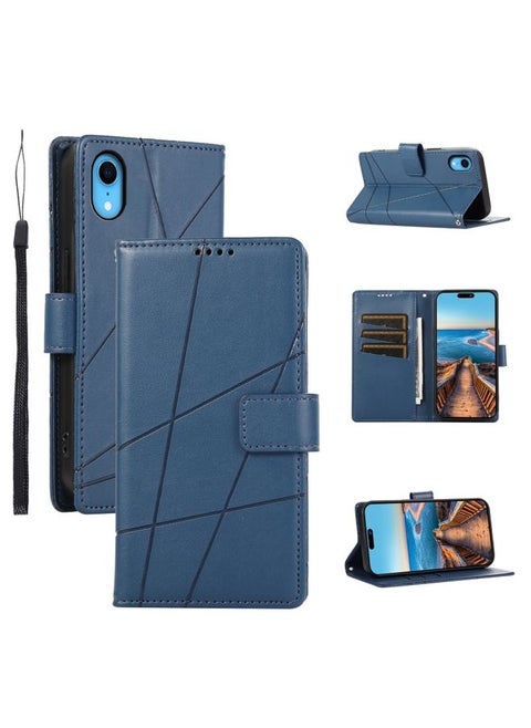 Case Cover For iPhone XR PU Genuine Leather Texture Embossed Line Phone Case Blue
