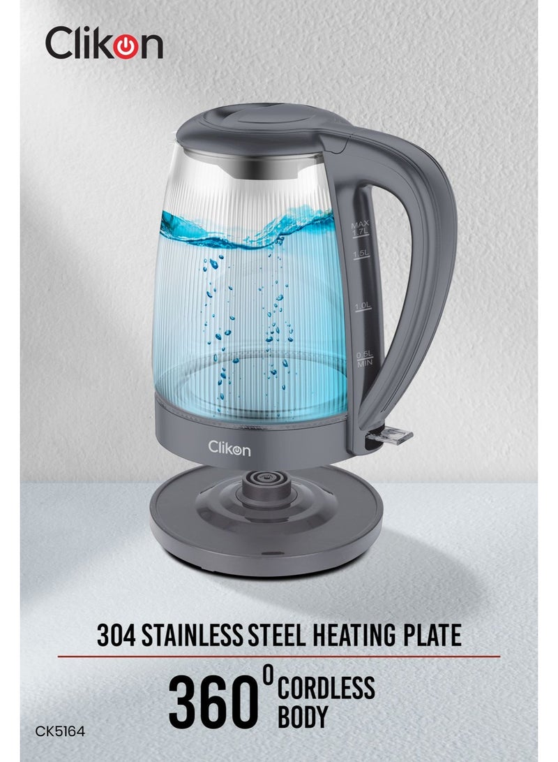 Clikon Borosilicate Glass Electric Kettle with Stainless Steel Heating Plate, LED Indicator & Auto Cut-Off 1.7 L 2200 W CK5164 Grey - Image 2