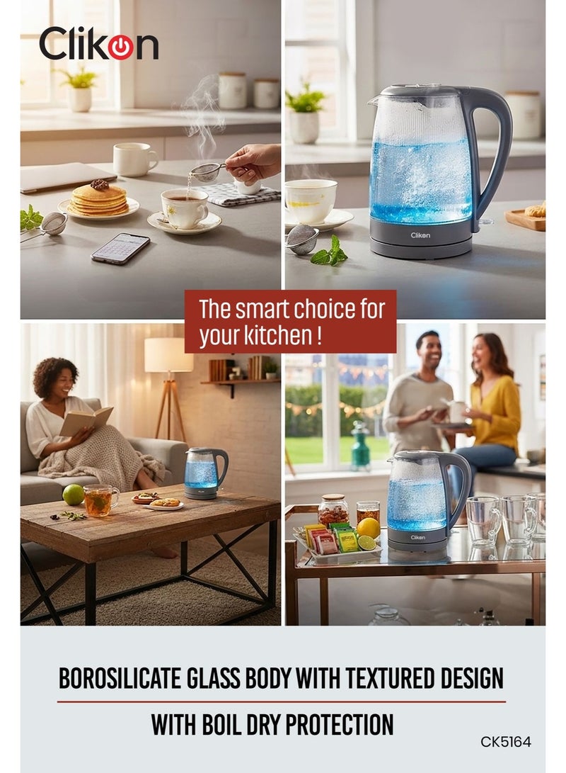 Clikon Borosilicate Glass Electric Kettle with Stainless Steel Heating Plate, LED Indicator & Auto Cut-Off 1.7 L 2200 W CK5164 Grey - Image 3
