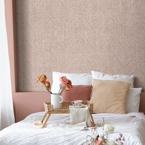 Livelynine 175x276 Light Pink Wall Paper Peel and Stick Modern Herringbone Fabric Pale Pink Grasscloth Wallpaper for Bathroom Dorm Girl Bedroom Pastel Patterned Contact Paper for Cabinets Drawers - Image 3
