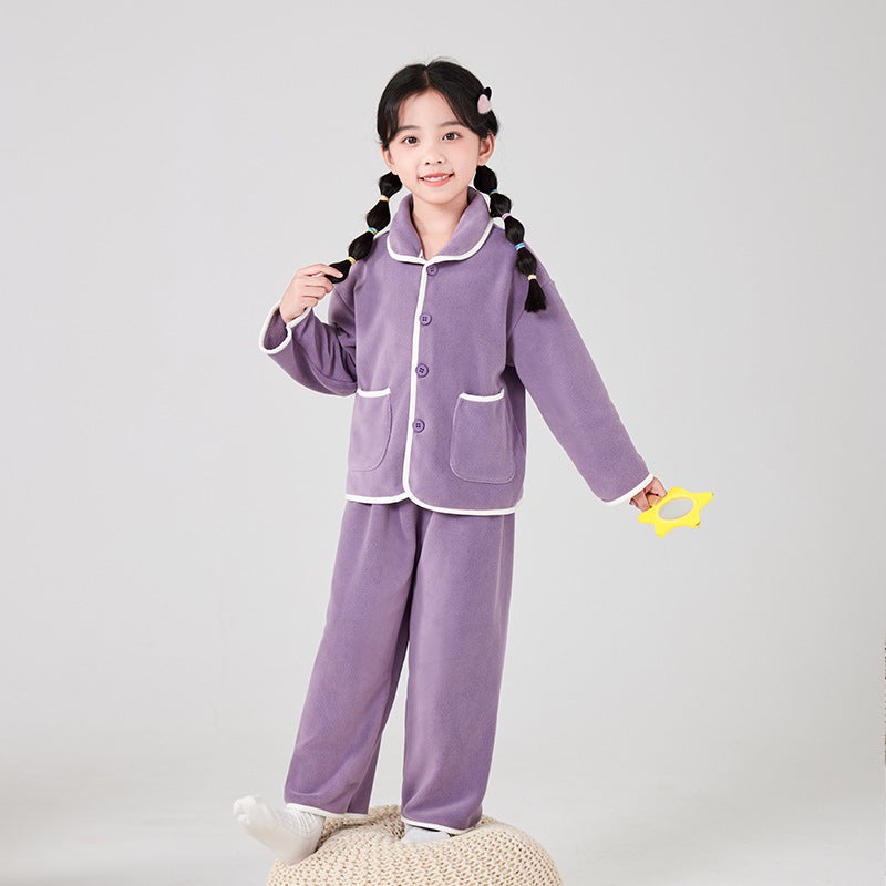 Autumn and Winter Childrens Fleece Home Clothes suit Boys and Girls Pajamas Pajamas Pajamas Outer Wear Warm Parent-Child suit Haze purple 
