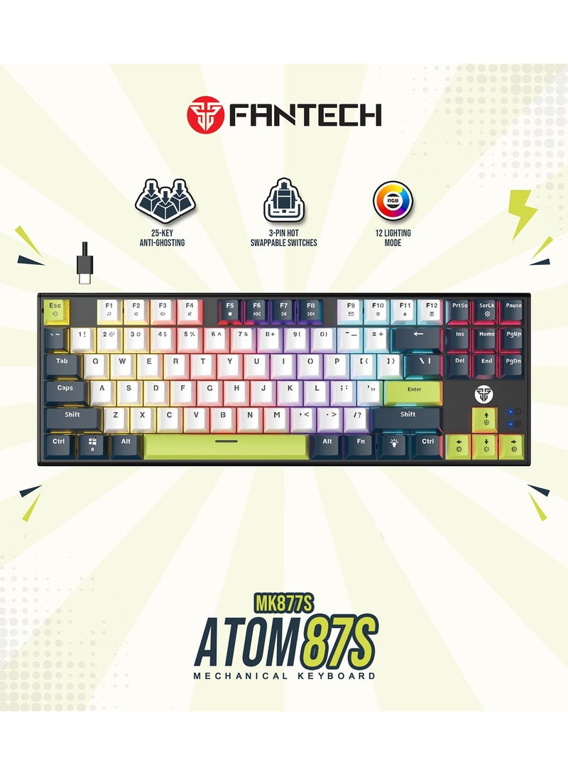 FANTECH Wired Gaming Keyboard,87-Key Mechanica Wired RGB Backlit Keyboard,Blue Switches,Ultra-Compact Anti-Ghosting Full Keys Keyboard RGB LED Lighting,Compact Hot-Swappable Mechanical Keyboard for PC/Mac/Laptop/Wins(White) - Image 1