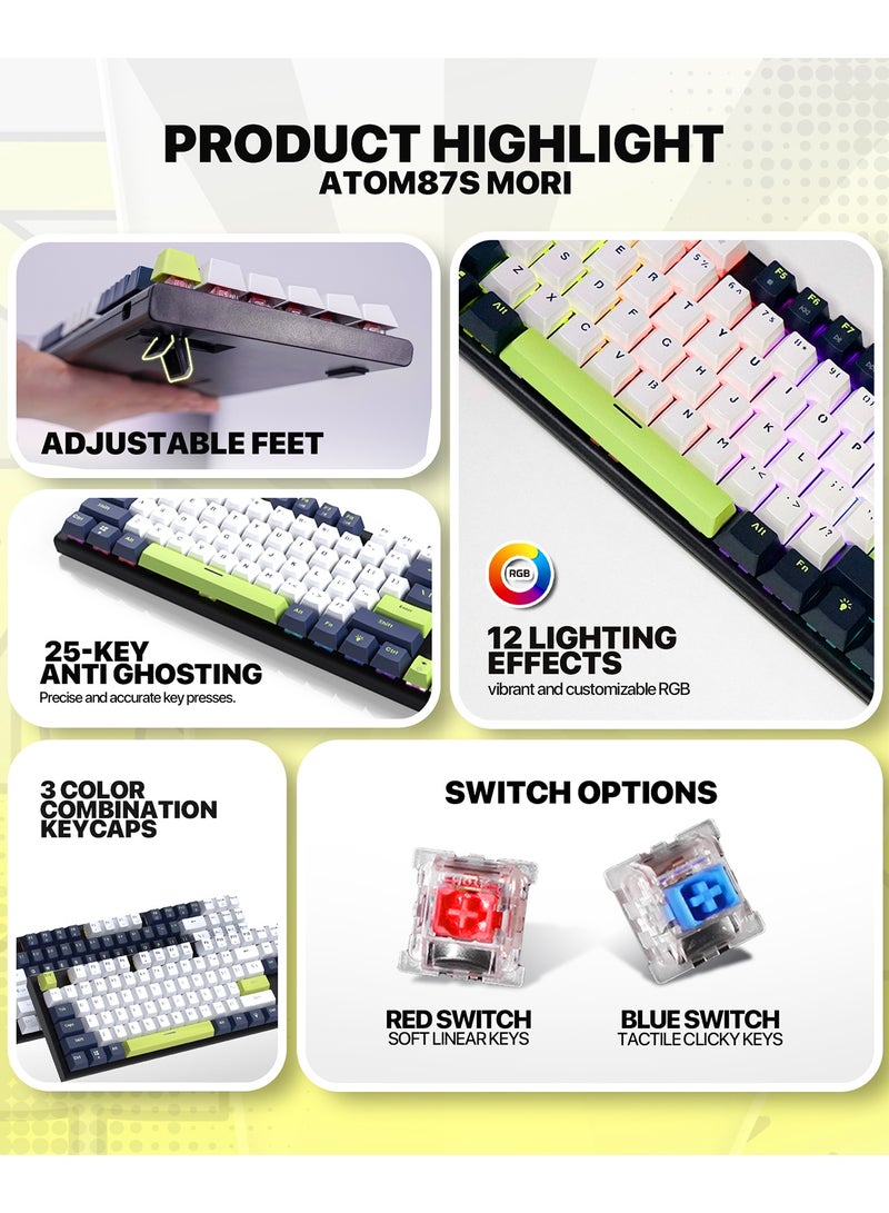 FANTECH Wired Gaming Keyboard,87-Key Mechanica Wired RGB Backlit Keyboard,Blue Switches,Ultra-Compact Anti-Ghosting Full Keys Keyboard RGB LED Lighting,Compact Hot-Swappable Mechanical Keyboard for PC/Mac/Laptop/Wins(White) - Image 3