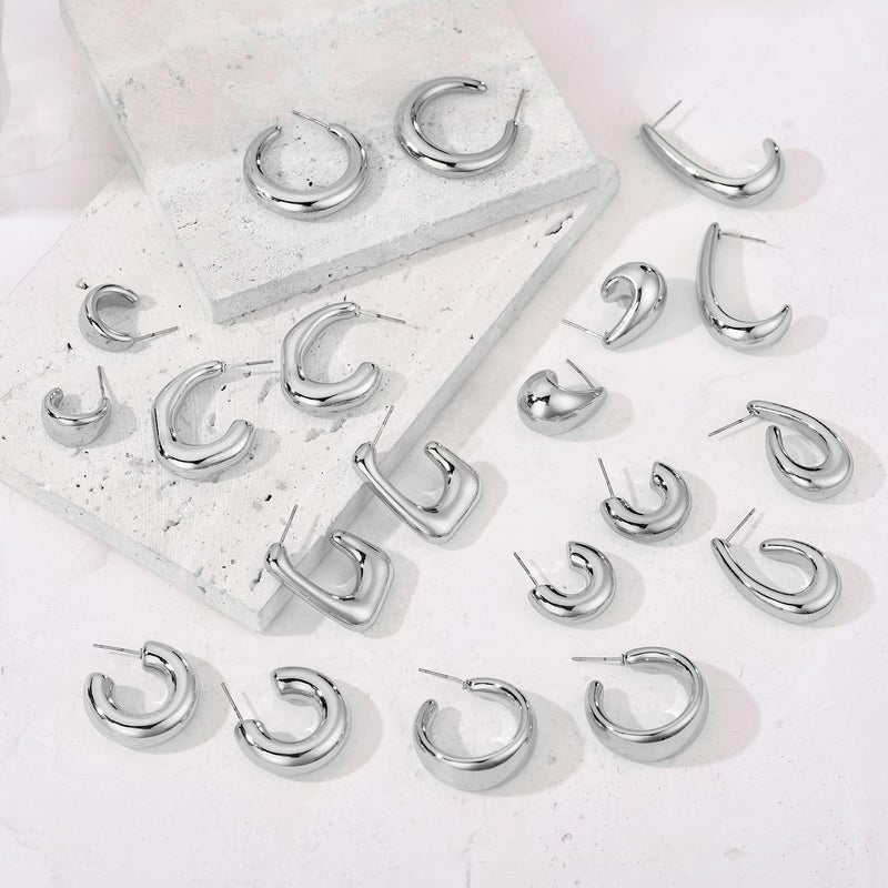 FOURPG 10 Pairs Chunky Silver Dangle Earrings for Women Hypoallergenic Trendy Thick Silver Plated Hoop Earrings Set Lightweight Jewelry (SILVER-10P) - Image 4