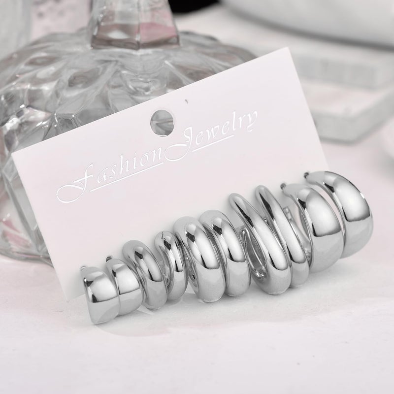 FOURPG 10 Pairs Chunky Silver Dangle Earrings for Women Hypoallergenic Trendy Thick Silver Plated Hoop Earrings Set Lightweight Jewelry (SILVER-10P) - Image 2