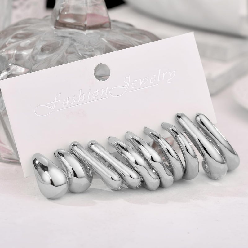 FOURPG 10 Pairs Chunky Silver Dangle Earrings for Women Hypoallergenic Trendy Thick Silver Plated Hoop Earrings Set Lightweight Jewelry (SILVER-10P) - Image 3