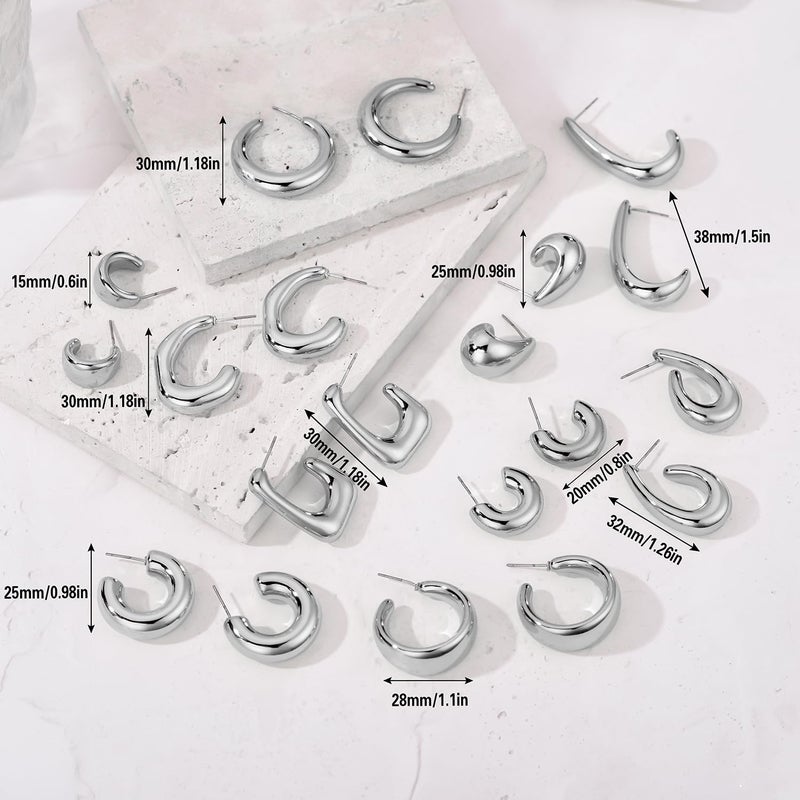 FOURPG 10 Pairs Chunky Silver Dangle Earrings for Women Hypoallergenic Trendy Thick Silver Plated Hoop Earrings Set Lightweight Jewelry (SILVER-10P) - Image 5