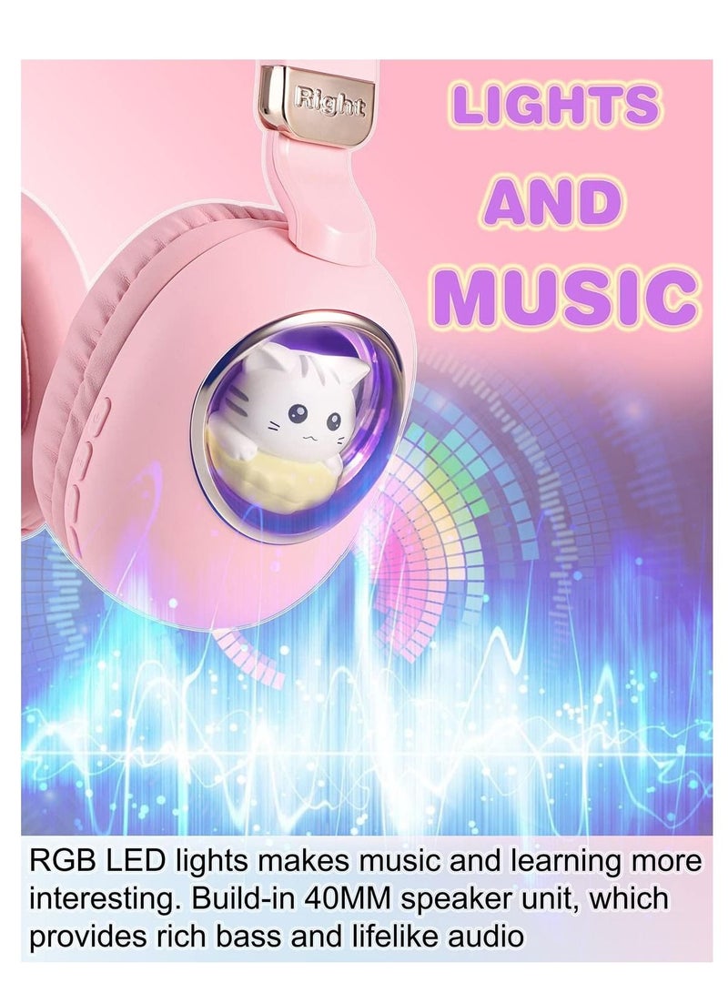 Y&D Kids Wireless Headphones Bluetooth Over Ear Headphones With Lovely Cat Colorful Led Lights Wireless&Wired Foldable Build-In Mic Bluetooth Headphones For Kids Girls Teens Adults(Pink) - Image 2
