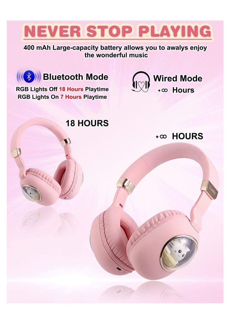 Y&D Kids Wireless Headphones Bluetooth Over Ear Headphones With Lovely Cat Colorful Led Lights Wireless&Wired Foldable Build-In Mic Bluetooth Headphones For Kids Girls Teens Adults(Pink) - Image 3
