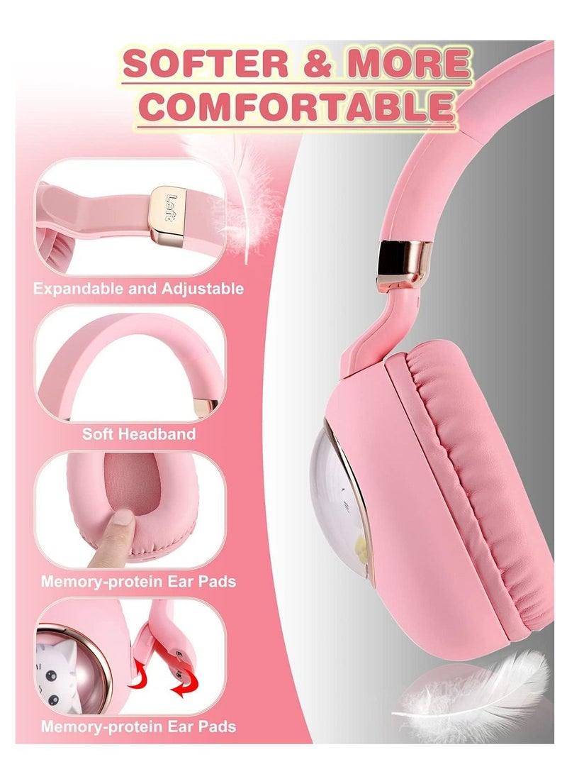 Y&D Kids Wireless Headphones Bluetooth Over Ear Headphones With Lovely Cat Colorful Led Lights Wireless&Wired Foldable Build-In Mic Bluetooth Headphones For Kids Girls Teens Adults(Pink) - Image 4