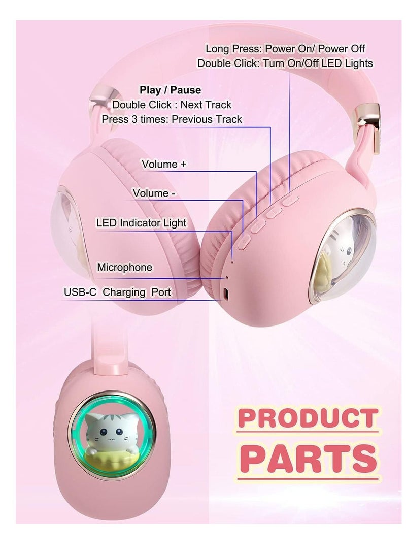 Y&D Kids Wireless Headphones Bluetooth Over Ear Headphones With Lovely Cat Colorful Led Lights Wireless&Wired Foldable Build-In Mic Bluetooth Headphones For Kids Girls Teens Adults(Pink) - Image 5